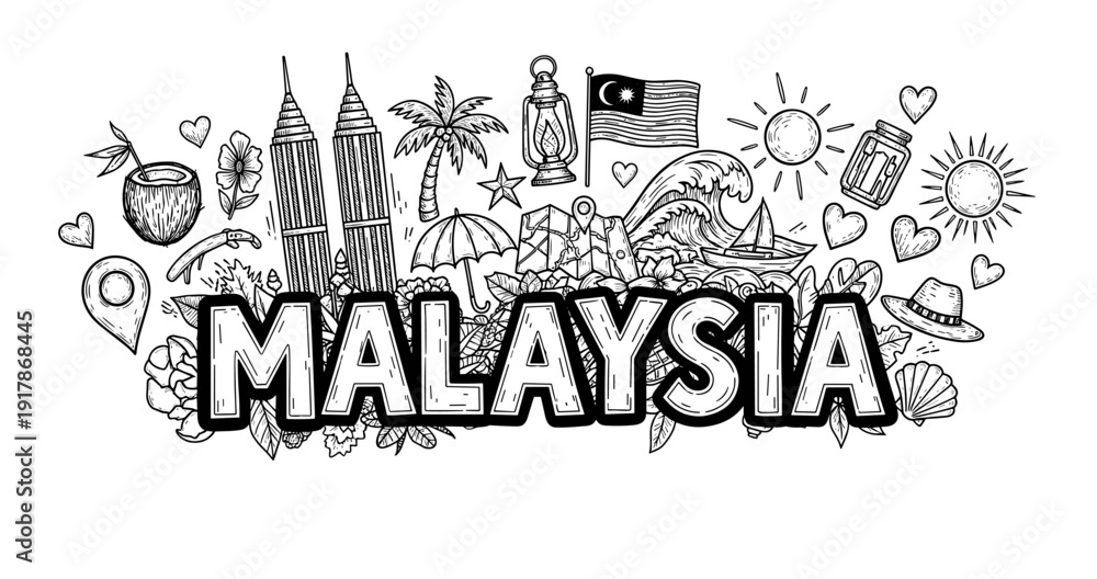 Fototapeta premium Malaysia travel doodle: icons of culture, nature, and architecture illustrated