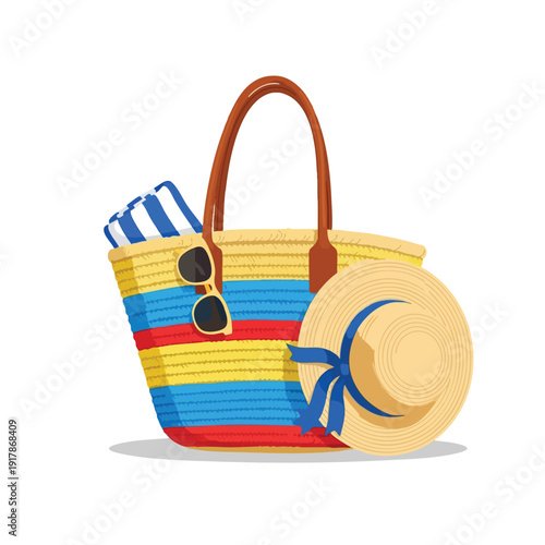 Stylish Summer Beach Accessories with Colorful Tote Bag and Sun Hat