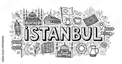 Istanbul landmarks and cultural icons in black and white illustration