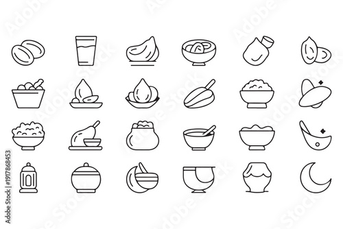 Traditional islamic meal icons set with dates bowl of soup lantern and moon for ramadan kareem celebration