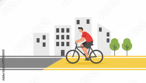 Urban cyclist riding a bicycle on a dedicated bike lane. Flat design vector illustration of city life and eco-friendly transportation