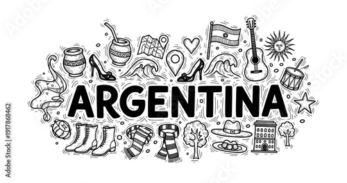 Argentina icons: cultural and natural landmarks in black and white