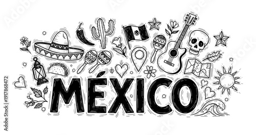 Mexican culture doodle art: sombrero, guitar, cactus, and traditional symbols