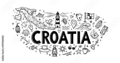 Illustrated elements of croatian culture and nature in black and white