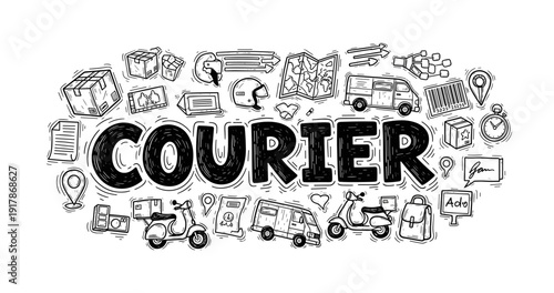 Courier service icons: vehicles, delivery, logistics, maps, packages, helmets