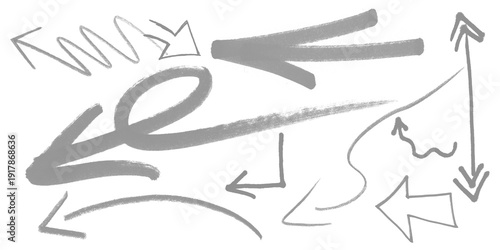 Gray hand drawn arrows and curved directional sketch lines isolated on white background for minimal modern graphic elements