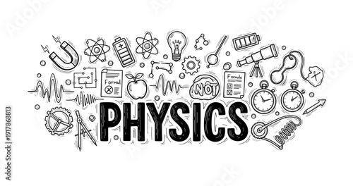 Physics concepts doodle: science symbols, formulas, and tools