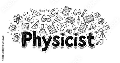 Physicist concept: science symbols and formulas in black and white doodle art