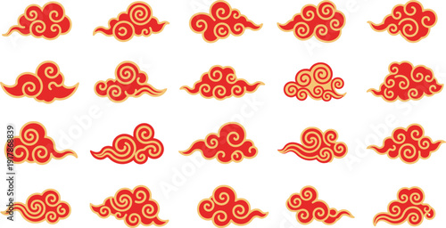 Collection of stylized red cloud icons with elegant swirl designs