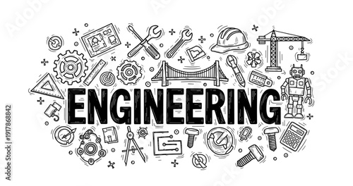 Engineering concepts illustrated with tools, gears, blueprints, and robot elements in creative design