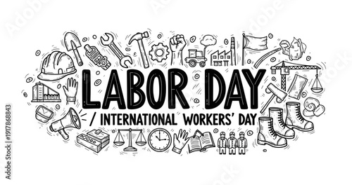 Labor day celebration: tools, helmets, and symbols of work and industry