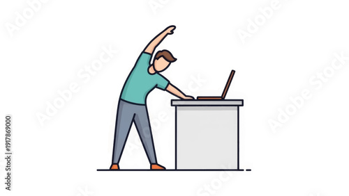 A man stretching at an office desk. Workplace wellness and exercise break concept. Flat design vector illustration