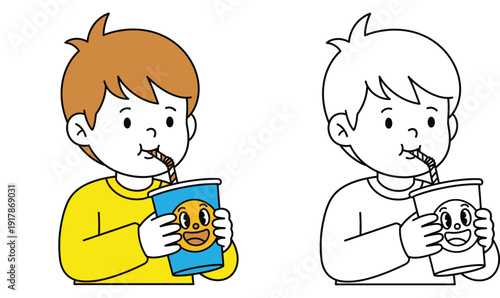Cute cartoon boy drinking soda from a cup with straw, vector illustration set with coloring page outline