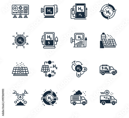 Professional minimalist vector icons for decentralized energy and green hydrogen infrastructure featuring solar-to-H2 converters fuel cells and energy nodes in midnight blue
