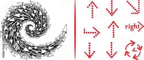 A black and white vector graphic of a massive spiral formed by hundreds of small, overlapping arrows, paired with a set of red pixel-style arrows indicating various directions and turns.