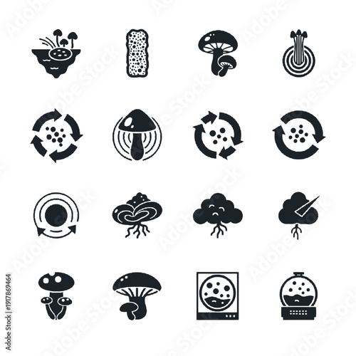 Minimalist vector icons for fungal environmental cleanup and mycology featuring bio-remediation sites oil-spill sponges and decomposition loops in deep forest ebony