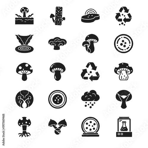 Minimalist vector icons for fungal environmental cleanup and mycology featuring bio-remediation sites oil-spill sponges and decomposition loops in deep forest ebony