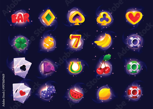 Glowing casino slot machine icons and gambling symbols pack for digital betting and mobile games.