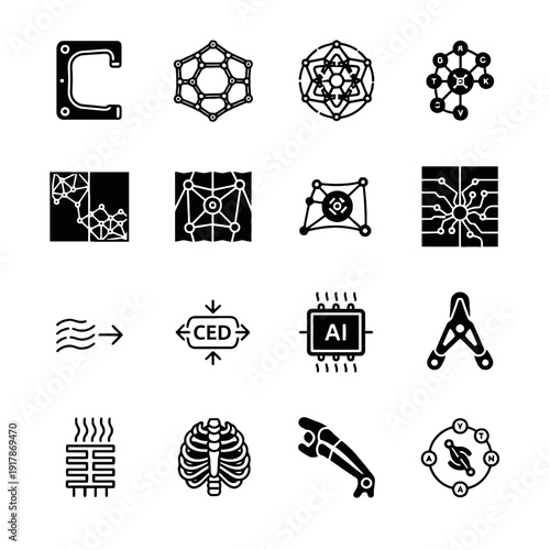 Professional minimalist vector icons for generative design and AI engineering featuring topology optimization lattice structures and neural network nodes in a bold black style