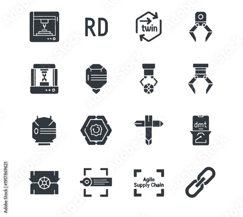 Minimalist vector icons for on-demand fabrication and smart tools featuring resin 3D printers digital twin symbols and robotic grippers in deep graphite gray