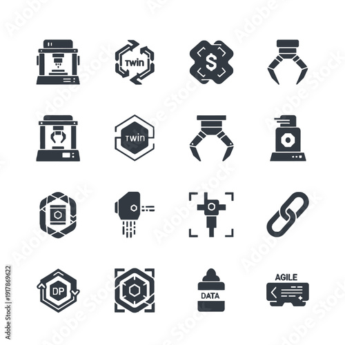 Minimalist vector icons for on-demand fabrication and smart tools featuring resin 3D printers digital twin symbols and robotic grippers in deep graphite gray