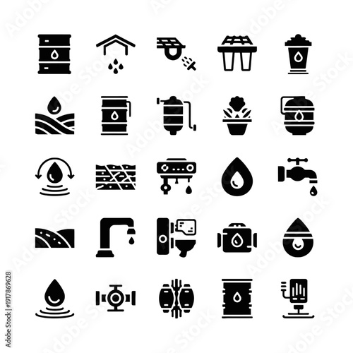 Professional minimalist vector icons for rainwater harvesting and greywater recycling featuring rain barrels filtration tanks and bio-swales in a bold black style