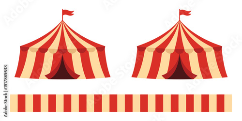 Red circus tent with flags, of awning, canopy, and carnival tent, striped canopy shop, outdoor sunshade, representing attractions, fun shows, performers, and creative digital 