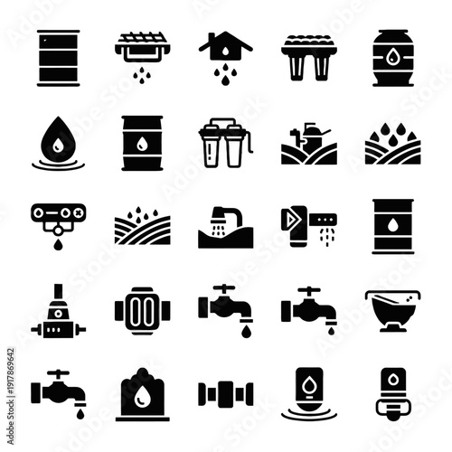 Professional minimalist vector icons for rainwater harvesting and greywater recycling featuring rain barrels filtration tanks and bio-swales in a bold black style