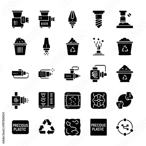Professional minimalist vector icons for small-batch plastic recycling and micro-manufacturing featuring desktop shredders injection nozzles and filament extruders in a bold black style