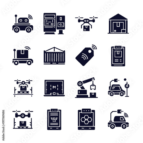 Minimalist vector icons for smart supply chains and robotic fulfillment featuring autonomous mobile robots drone landing pads and digital cargo manifests in midnight indigo