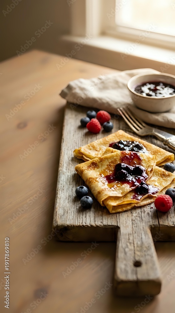 Fototapeta premium Golden crepes with berry jam and fresh blueberries raspberries on rustic wooden cutting board near sunny window for breakfast brunch dessert cooking concept.