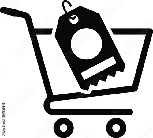 Shopping Cart with Price Tag Icon Discount Sale E-commerce Silhouette Vector