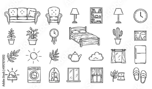Hand drawn home comfort outline icons furniture appliances and nature elements cozy lifestyle vector set