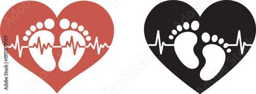 Heart shape with baby footprints and heartbeat line vector