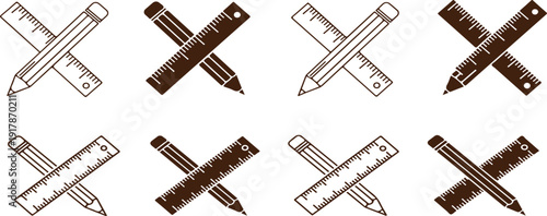Set of four black and white illustrations of crossed pencils and rulers