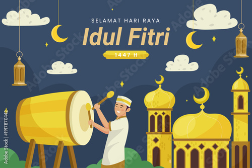 Valokuva Selamat Hari Raya Idul Fitri Illustration with Boy Playing Drum