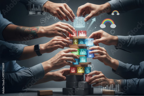 Wallpaper Mural Teamwork collaboration hands building colorful blocks with digital business icons and charts, symbolizing growth and innovation creative Torontodigital.ca