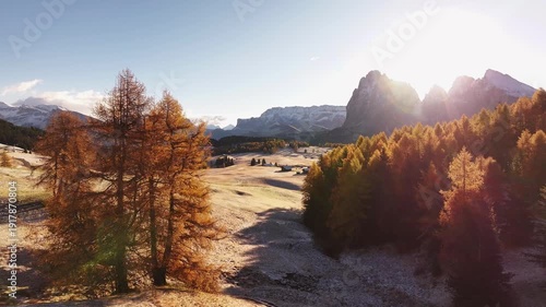 Stunning drone view of the Sassolungo mountain range, Langkofel in the Dolomites. Majestic alpine peaks covered in light snow, autumn colored forest all around, and yellow grass covered in morning whi