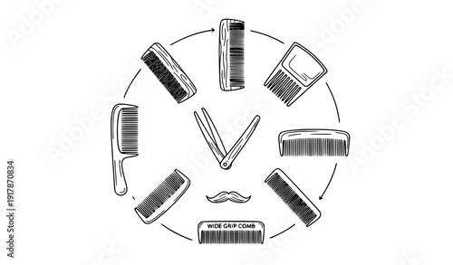 Minimal comb line art vector set isolated hair grooming and beard styling illustration