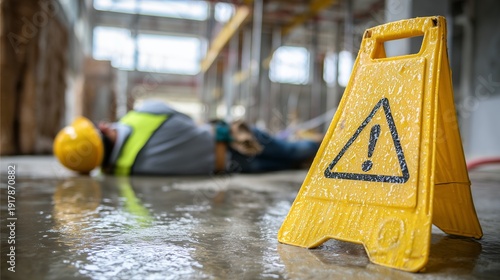 Wet floor warning sign in foreground with injured construction worker lying on slick site, conveys personal injury claim after workplace slip and fall.
