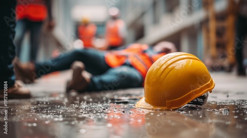 Yellow hardhat in foreground with fallen worker and safety vest blurred in a wet construction aisle, symbolizing workplace injury and workers' comp claim.