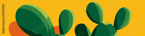 Nopal cactus pads growing with vibrant yellow background. Nopal cactus pads featuring simple graphic shape and casting shadow on yellow wall