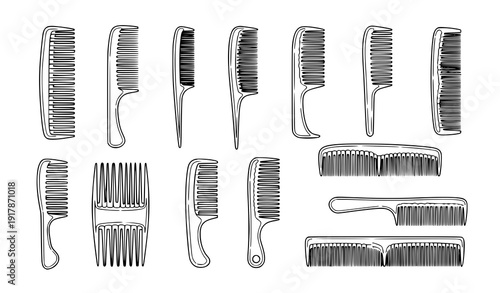 Comb line art vector illustration set isolated hair styling and barber comb collection