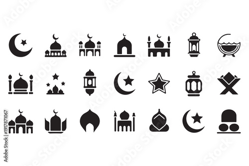 Ramadan icons set. flat style illustration. traditional islamic symbols collection on white background