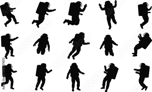 Astronaut silhouettes set floating in space with different poses, spaceman zero gravity movement collection, science fiction exploration concept, isolated black figures on white background.