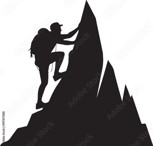 Silhouette of man climbing mountain peak, adventurer reaching summit
