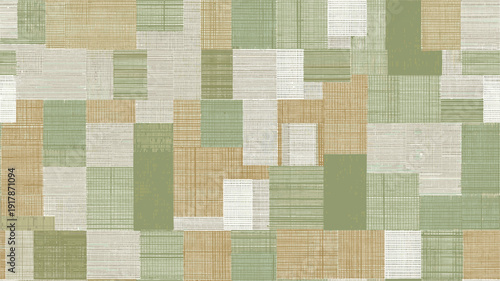 Patchwork geometric pattern creating a seamless textured background. Seamless collage of muted sage and khaki rectangular shapes with woven fabric texture