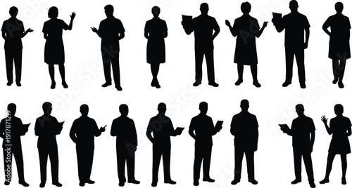 Business people silhouettes set in various standing poses, professional men and women characters holding documents, teamwork and corporate communication concept, isolated black figures