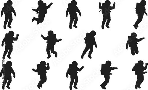 Astronaut silhouettes set floating in zero gravity with various poses, spaceman space suit collection for science fiction design, isolated black figures on white background.