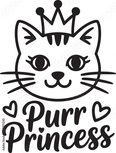 Purr princess cat with crown, cute kitten queen head doodle sketch